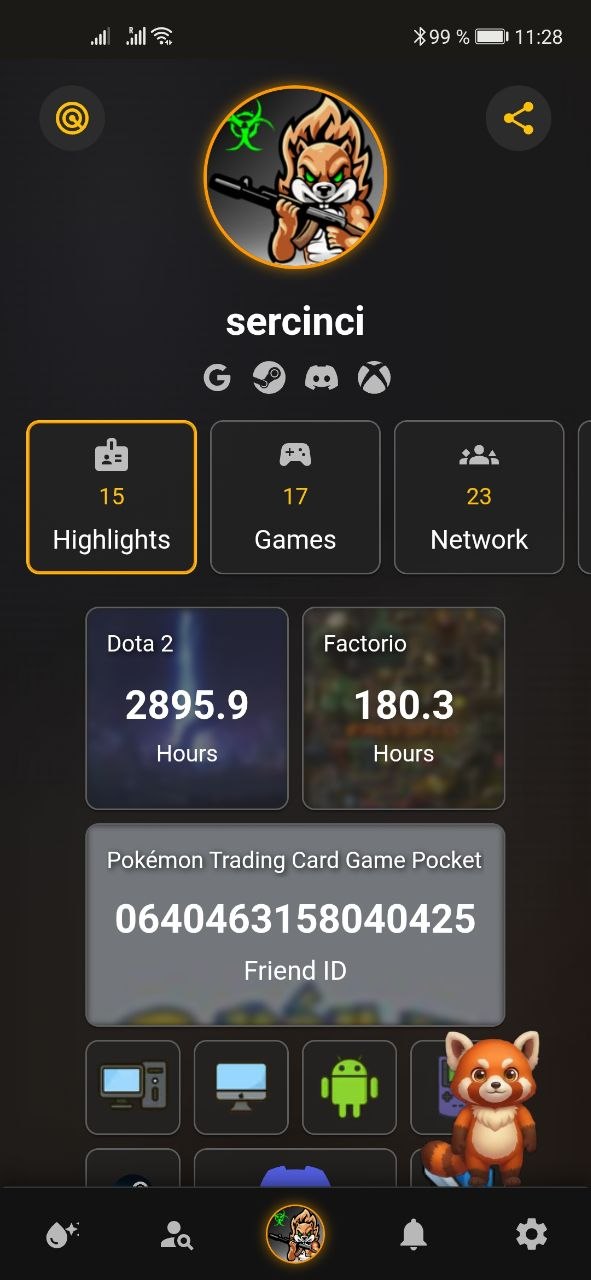 Real XCORE.GG player profile with linked accounts, highlights, games, friends, and gaming history